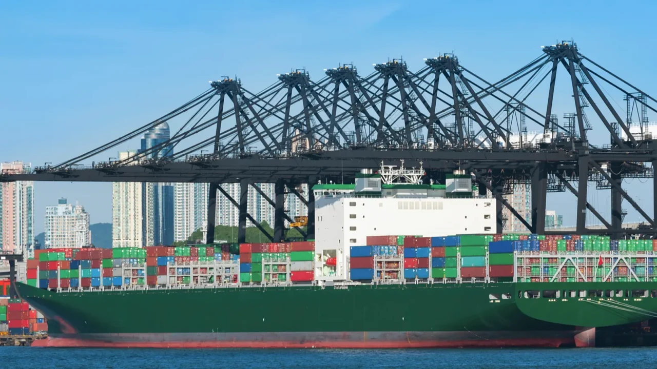 cargo ship in container port in hong kong