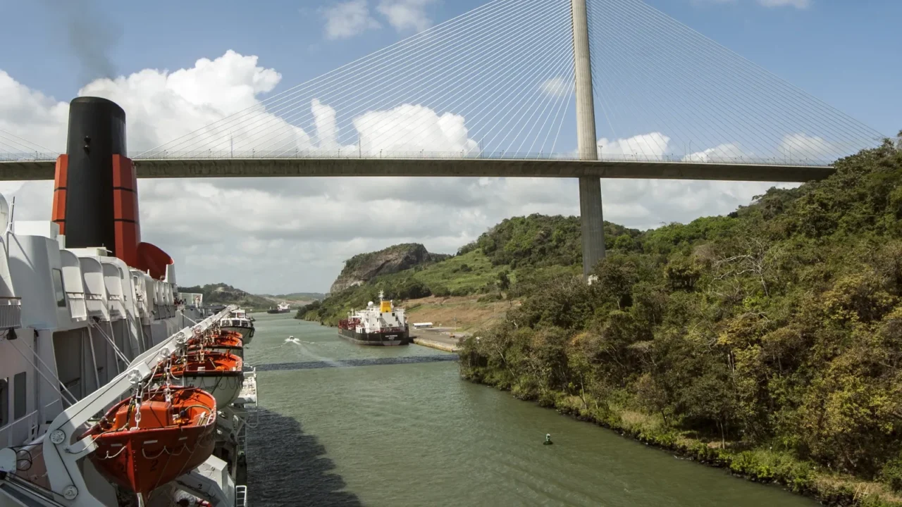 cruise ship bow entering the gatun locks gateways on panama