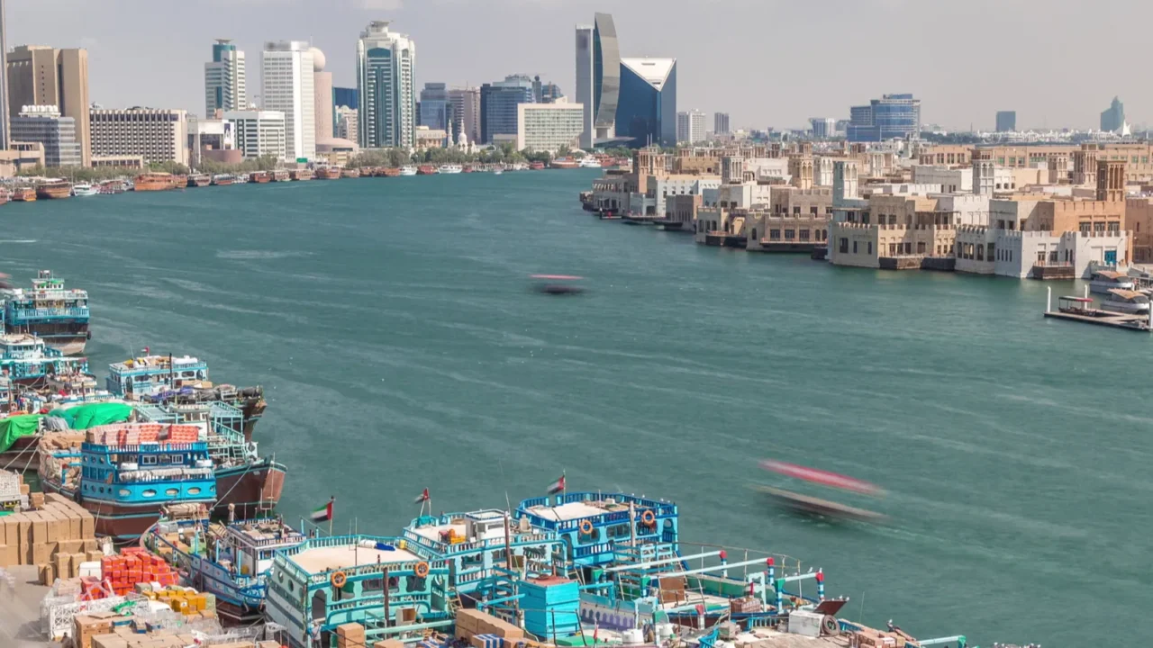 loading a ship in port timelapse in dubai deira creek