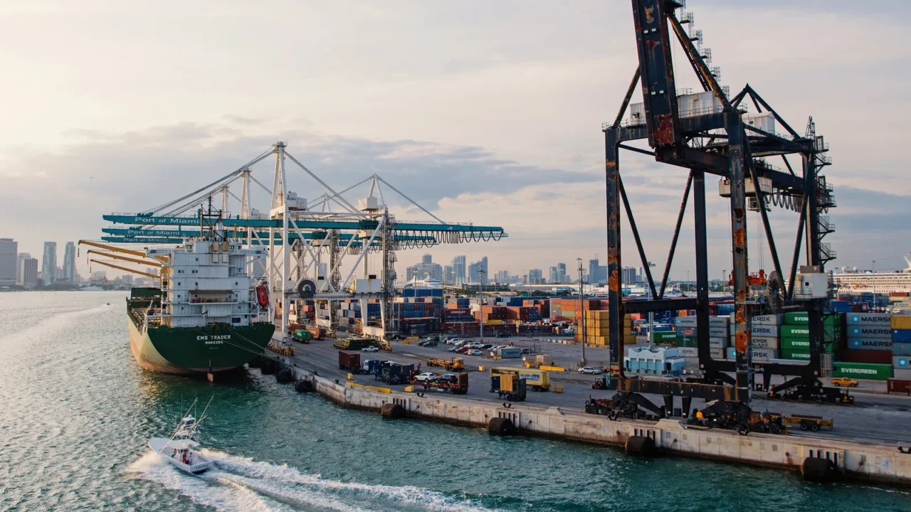 maritime container port with cargo ship cranes sea port terminal
