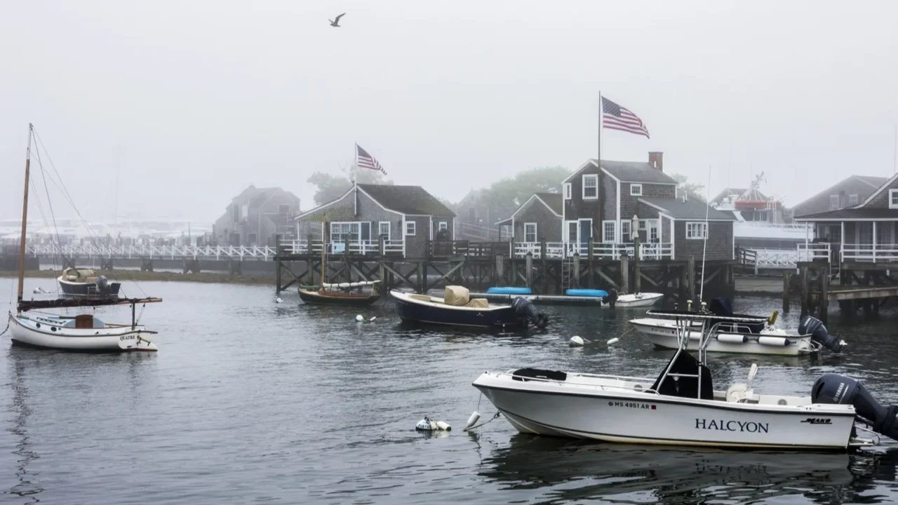 Nantucket Island, Massachusetts: views of Nantucket Harbor with boats.