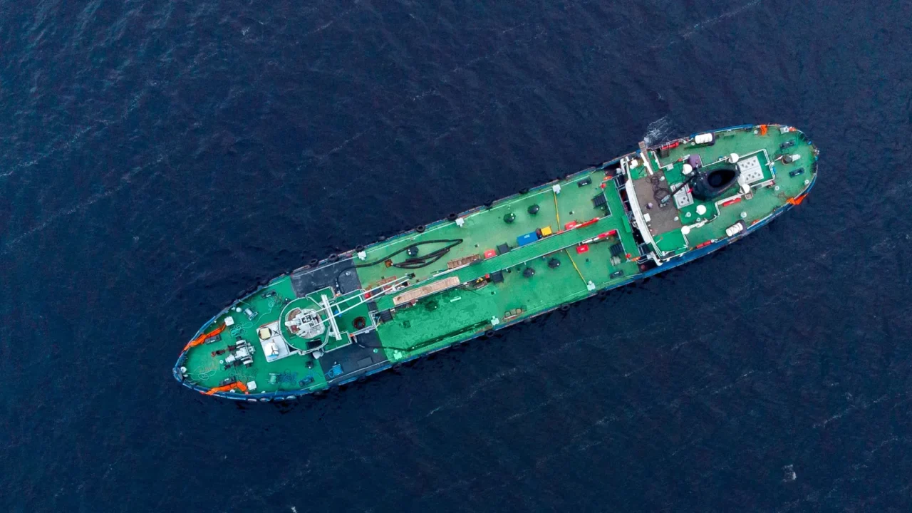oil chemical tanker sails blue sea fog aerial top view