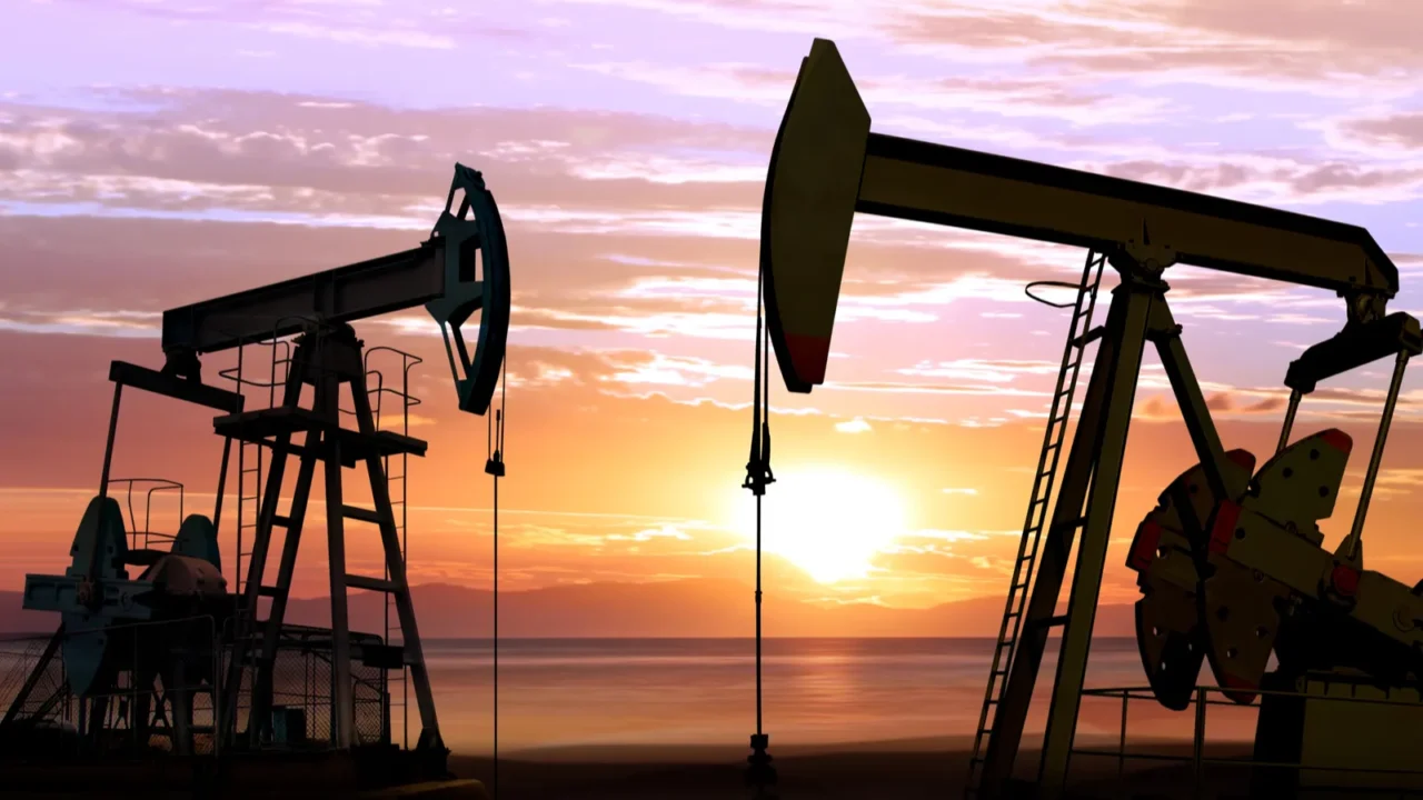 oil pumps on sunset