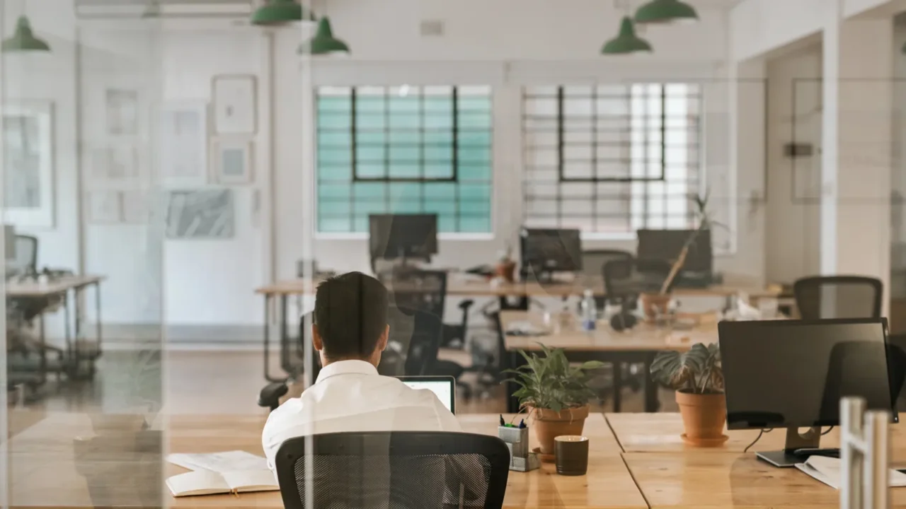 rearview of a young businessman sitting alone at his desk